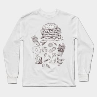 Vintage Fast food burger with french fries and vegetables Long Sleeve T-Shirt